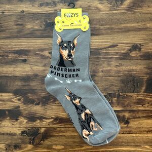 NWT Foozys Print Doberman Pinscher Gray Crew Cut Casual Socks Women's One Size